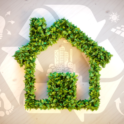 Sustainable Living - 3D Illustration with Ecology Icons on a brown background