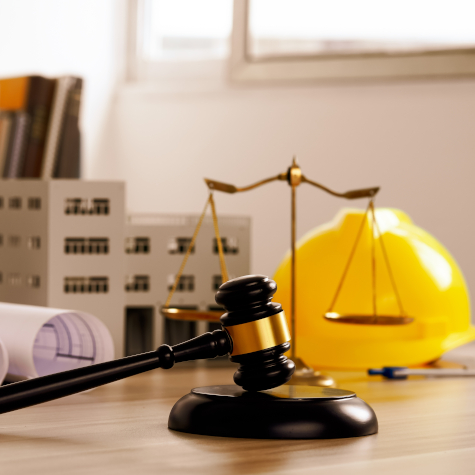Judge Gavel On Building Blueprint Plans With A Yellow Safety Helmet